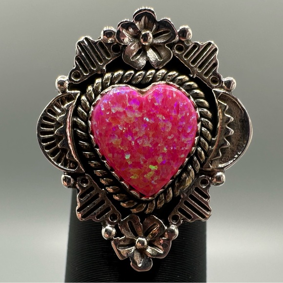🩷 Pink Balloon Opal Heart-Shaped Adjustable Ring Handmade with Floral Details - Picture 1 of 10